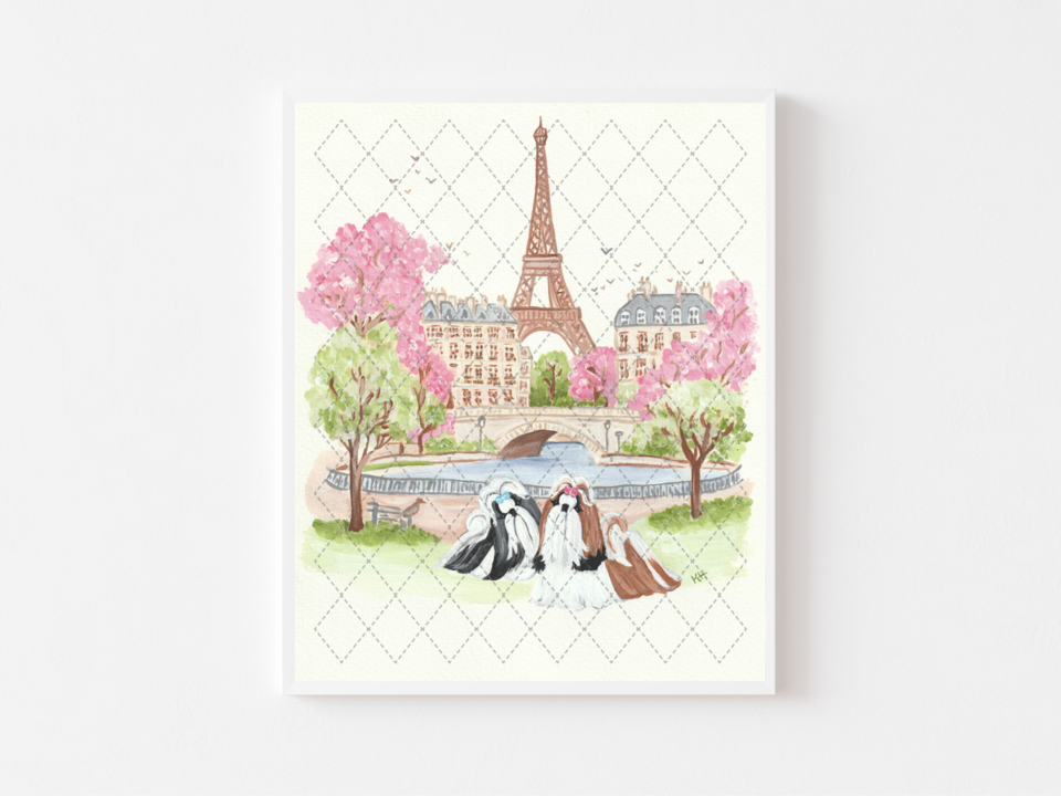 Shih Tzu "Date in Paris" PRINTS / NOTECARDS SET Paintings