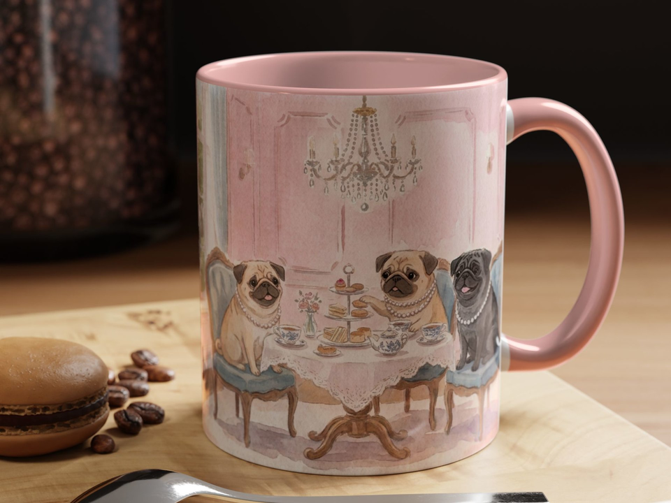 Pugs Tea Party Painting MUG Whimsical Watercolor Coffee Cup