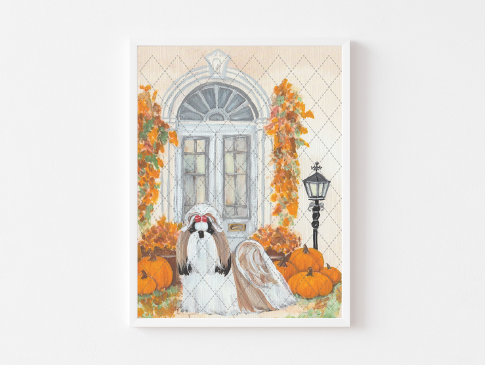 Shih Tzu Fall Home Hand Painted Artwork PRINT Pumpkins Autumn Decor