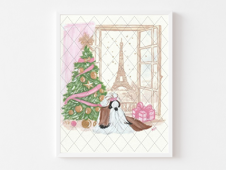 Shih Tzu Paris Christmas Art PRINT / CARDS Original Paintings 