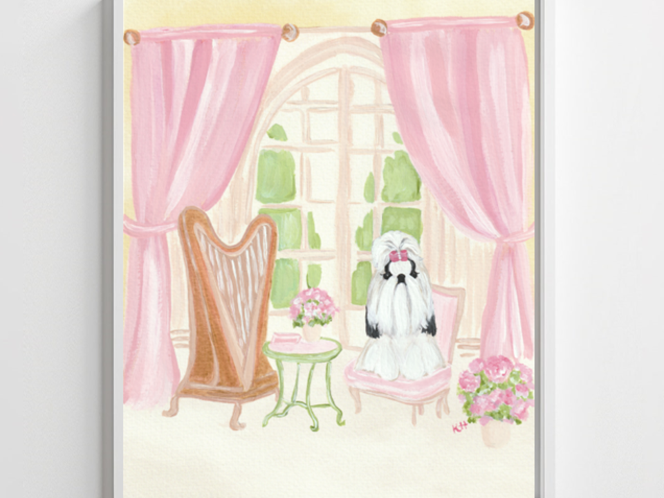Shih Tzu with Harp for Music Lover Artwork PRINT /NOTECARD SET Nursery Decor