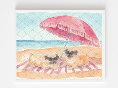 Pugs Beach Umbrella Painting PRINT Whimsical Watercolor Artwork