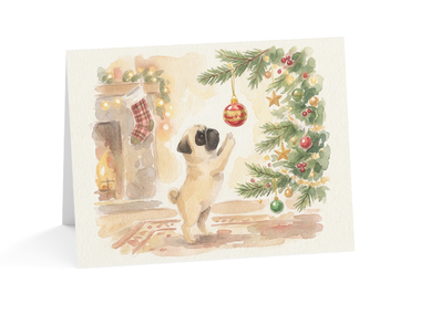 Pug Christmas CARDS Watercolor Art Puppy Holiday Ornament