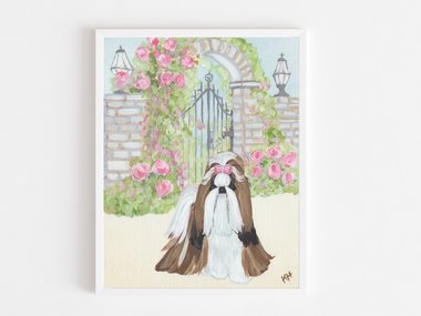 Shih Tzu Garden Gate Painting PRINT from Original Art