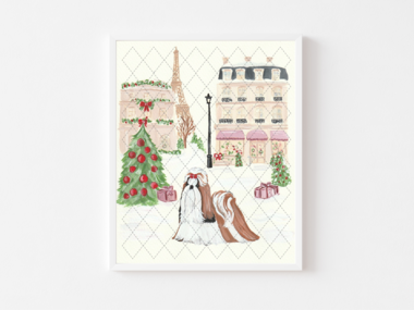 Shih Tzu Christmas Paris Cityscape Art PRINTS / NOTECARD SET Original Painting